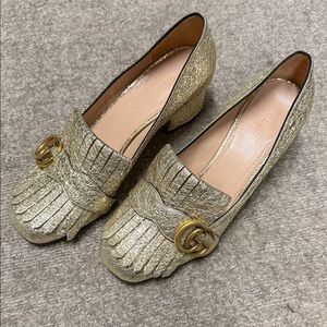 Gucci Gold Metallic Kiltie Loafers with Double G Size: 37.5